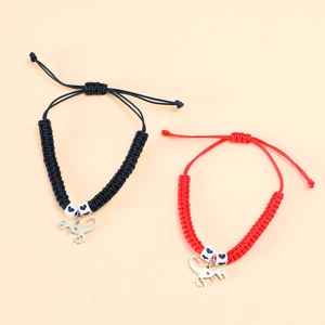 Handmade woven dinosaur charm bracelets with heart beads in black and red cord