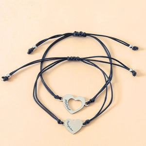 Stainless steel mother and daughter heart charm bracelets with adjustable black woven ropes