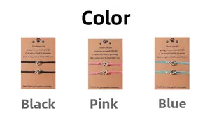 Detailed view of handmade woven paw print friendship bracelets in three distinct colors