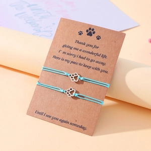 Detail of light blue woven pet memorial bracelets with silver paw charms on card
