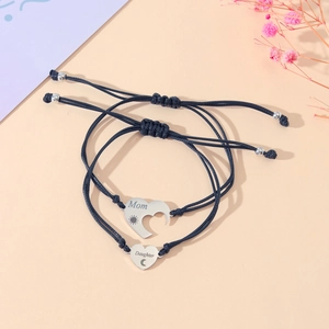 Mother Daughter heart sun moon bracelet set with adjustable black woven cord and card