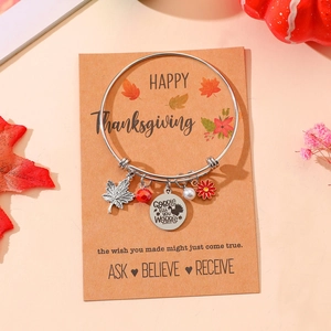 Thanksgiving stainless steel charm bracelet with maple leaf and turkey gobble metal tag