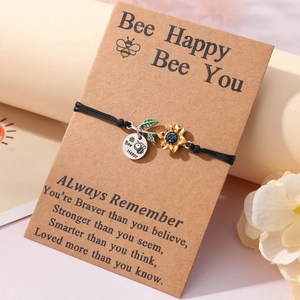 Handmade Sunflower Bee Stainless Steel Woven Bracelet Inspirational Quote Card Jewelry For Women Pastoral Style Gift