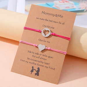 Set de pulseras de corazón de acero inoxidable para madre e hija con cordones rosas y carta