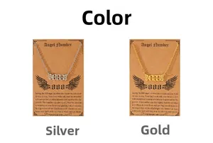 Comparison of gold and silver angel number 888 necklaces with wing pendants and display card
