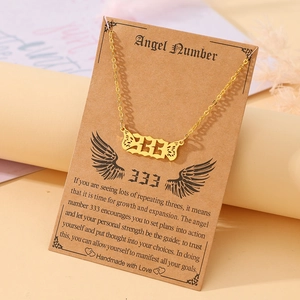 Detail of 333 angel number necklace with wings on a kraft paper display card