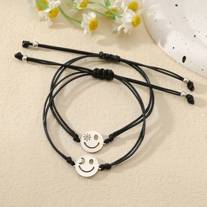 Handgewebte Armbänder mit Smiley- und Sonnen-Mond-Motiv für Mutter und Tochter, 2er Set
