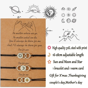 Detail of adjustable sun moon star bracelets in 316L stainless steel with card