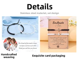 Macro detail of hand-woven cross charm bracelets for couples on soulmate message cards