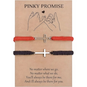Pinky promise woven cross bracelet set for couples in black and red cord with gift card