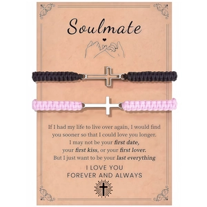 Matching braided cross bracelets for couples on Soulmate gift card packaging