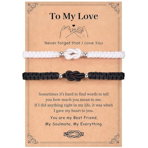 Minimalistische Knotenarmbänder für Paare in Schwarz-Weiß-Set auf einer Grußkarte