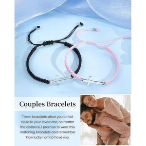 Adjustable woven couple bracelets with polished metal crosses in black and pink colors