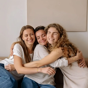 Three friends wearing gold heart charm bracelets with minimalist black cord strings