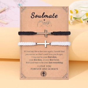 Handmade woven couple bracelets with metal cross on Soulmate card with romantic poem