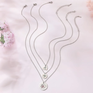 Détails des colliers en acier inoxydable avec pendentifs pissenlit cœur et ronds argent