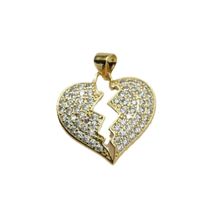 Broken heart pendant with sparkling white zircon stones on gold-plated metal base