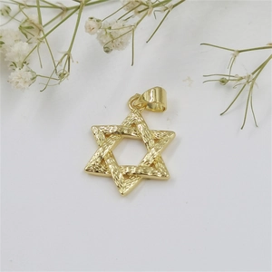 Relief hexagon star pendant with woven texture and gold finish on a white floral background