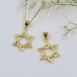 Golden hexagram star pendant necklace with embossed woven texture and zircon inlay