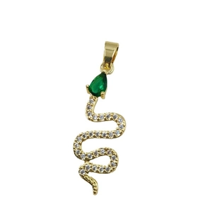 Snake pendant necklace in gold finish with white zircons and a pear-cut green stone