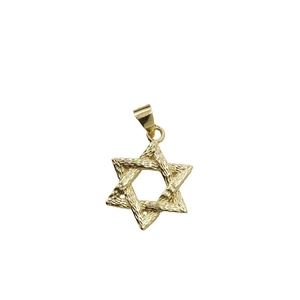 Golden hexagonal star pendant with textured relief and zircon accents on white background