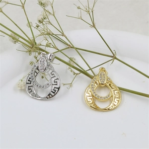 Elegant gold and silver double-ring necklace pendants with Greek key pattern and zircons