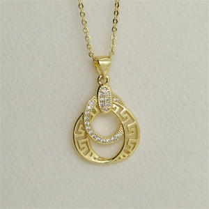 Golden double ring necklace with zircon inlay and Greek meander pattern pendant