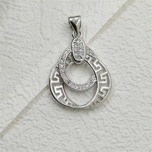 Silver double ring pendant with clear zircon inlay and classic Greek fret pattern