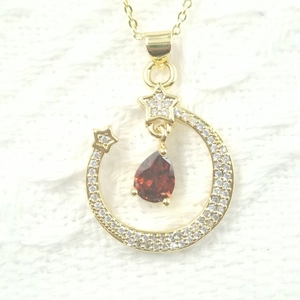 Golden crescent moon and star necklace pendant with red water drop gem and zircon