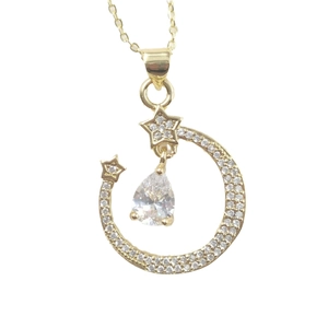 Elegant gold crescent moon necklace with stars and sparkling pear-shaped zircon pendant