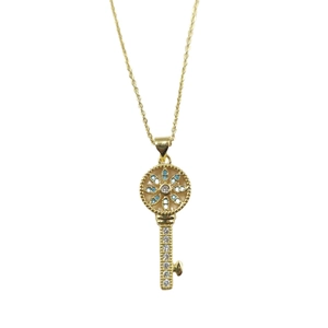 Exquisite 18K Gold Schlüssel-Halskette mit blauem Saphir und weißen Zirkonsteinen