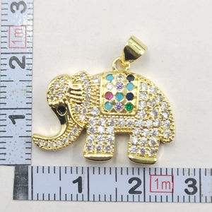Detailed view showing the dimensions of the gold elephant pendant with colorful zircons
