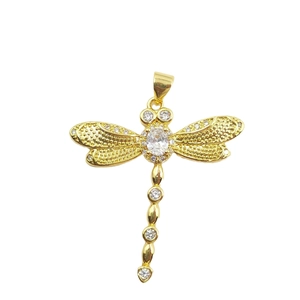 Exquisite gold-plated dragonfly pendant necklace with micro-paved zircons on white background