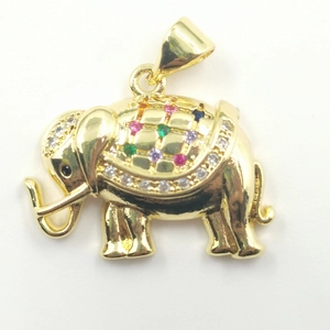 Golden elephant necklace pendant with colorful gemstones and sparkling white zircons