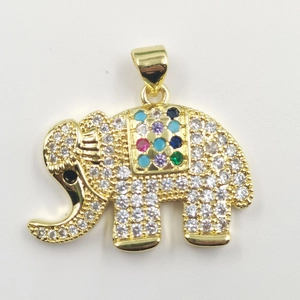 Gold elephant necklace pendant with white micro-pave zircons and colorful gemstones