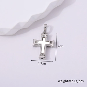 Detailed size view of silver cross pendant with shell inlay and accent crystals