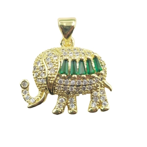 Gold elephant pendant necklace with white zircon and emerald-green rectangular stones