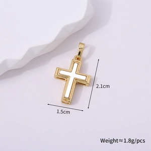 Golden cross pendant with white inlay detail, dimensions 2.1cm high and 1.5cm wide