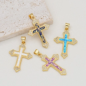 Vintage Gold Plated Copper Cross Pendant Necklace For Women Colorful Zirconia Religious Jewelry Without Chain