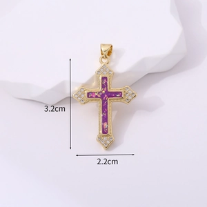 Macro view of gold-plated cross pendant with purple center and zircon accents, 3.2cm size