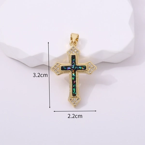 Detail view of gold cross pendant with colorful inlay and white zircon, size 3.2cm by 2.2cm