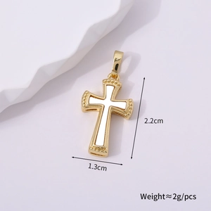 Detail of vintage gold cross pendant with white enamel inlay and size measurements