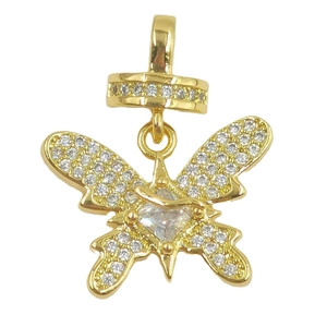Elegant gold bow pendant with sparkling white zircon stones and central square crystal