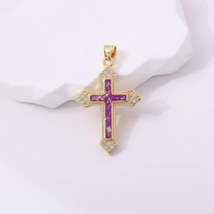 Golden religious cross pendant necklace with purple glitter stone and zircons