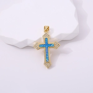 Gold cross pendant with colorful opal center and sparkling cubic zirconia stones