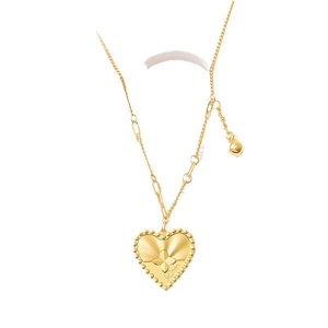 Gold heart pendant necklace with star relief and Love engraving on asymmetric chain