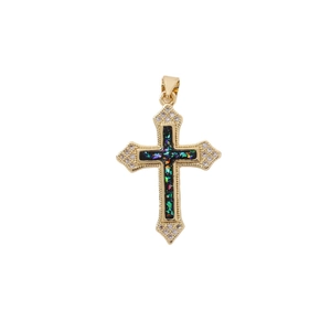Golden religious cross pendant necklace with colorful opal inlay and white zircon details