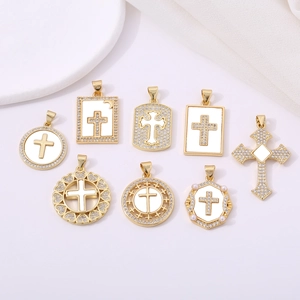 Collar Con Colgante de Cruz de Cobre Bañado en Oro Retro Con Incrustación de Zirconia Y Nácar Joyería Religiosa Para Mujeres Hombres