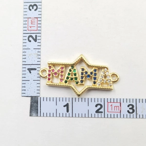 Detailed size measurement of a gold MAMA pendant with colorful cubic zirconia stones