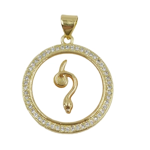 Gold circular snake pendant with inlaid cubic zirconia and shell detail for DIY necklace